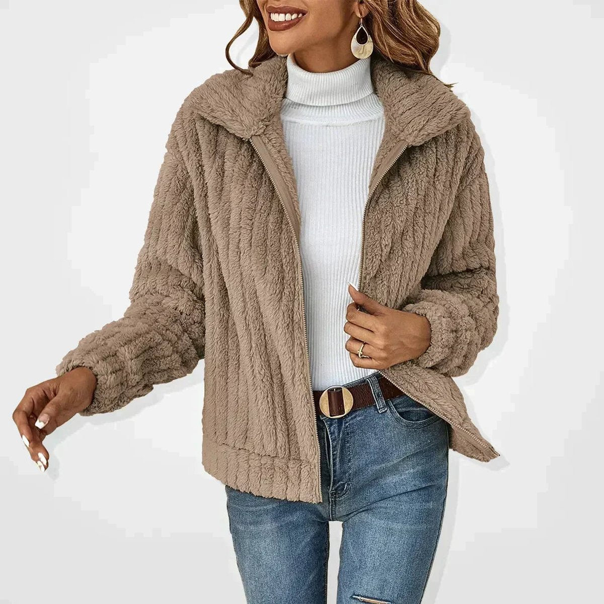 Rita plush zip-up jacket in khaki, front view with jeans