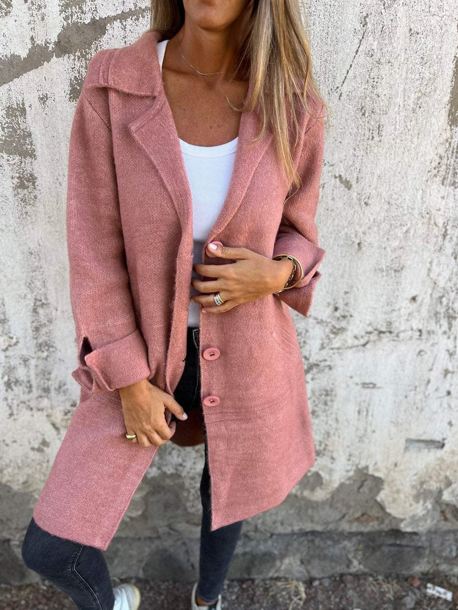 Lucille long lapel coat in pink, front view with turn-back cuffs