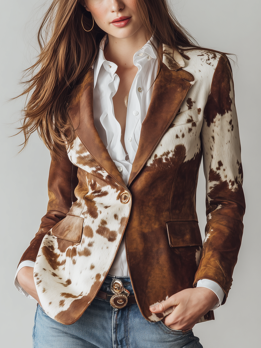 Hester blazer in brown and cream spotted print, front view with white shirt