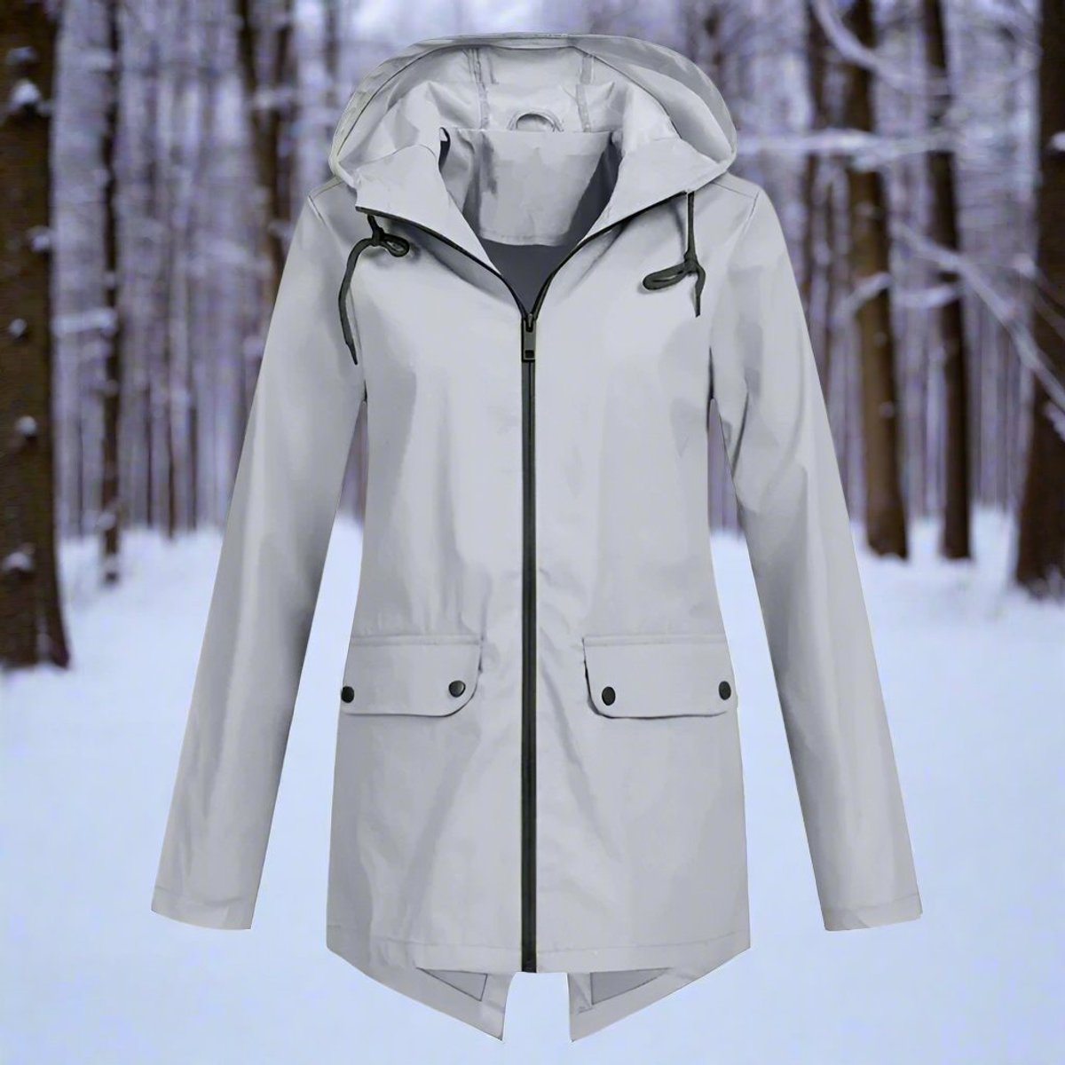 Lorraine longline hooded raincoat in grey, front view
