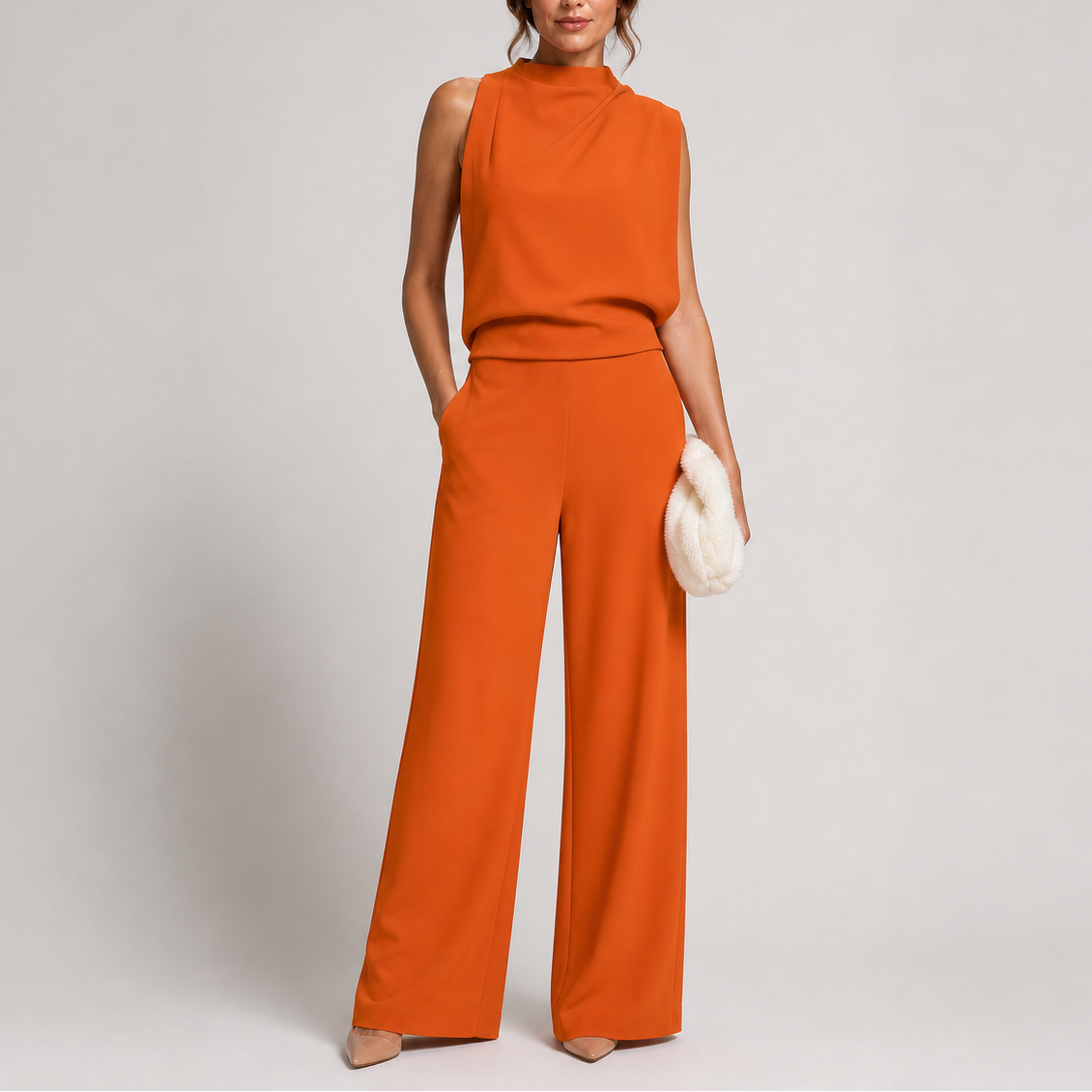 Anna sleeveless wide-leg jumpsuit in orange, full-length front view