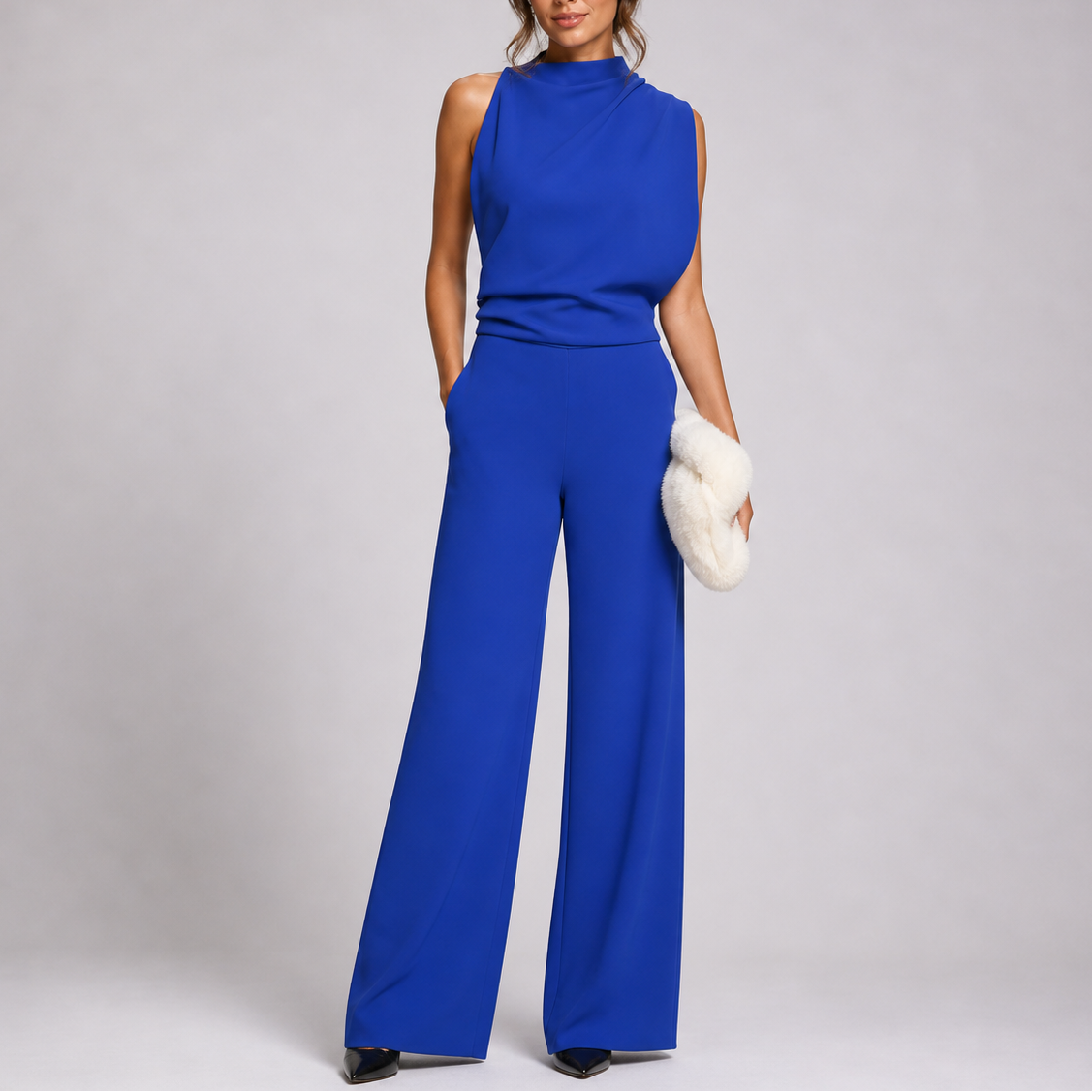 Anna sleeveless wide-leg jumpsuit in blue, full-length front view