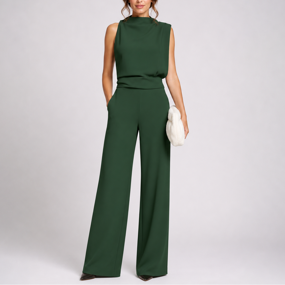 Anna sleeveless wide-leg jumpsuit in green, full-length front view