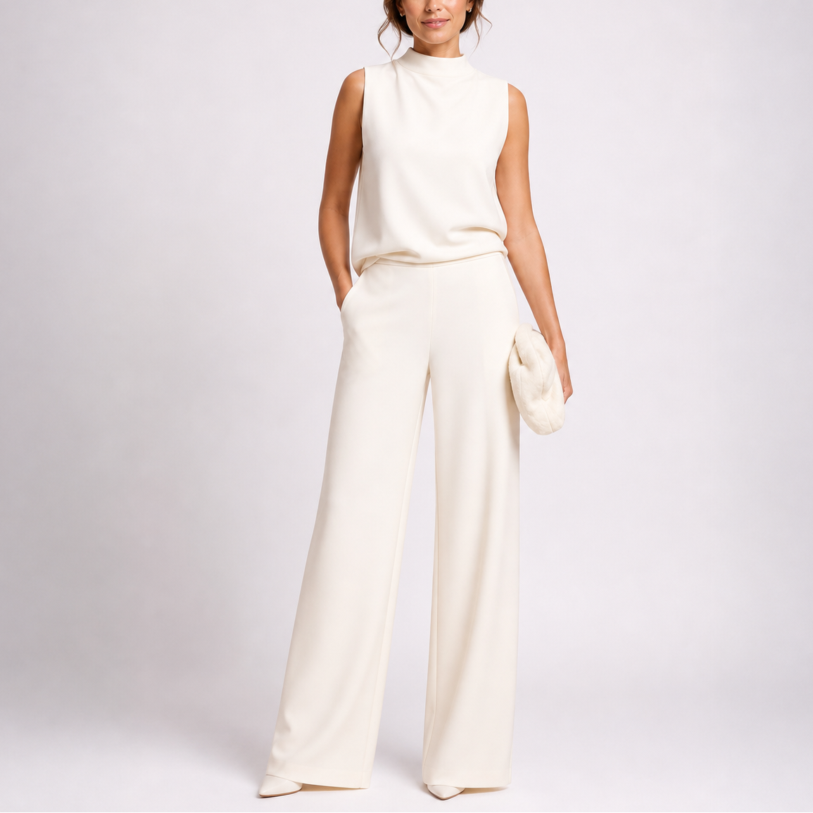 Anna sleeveless wide-leg jumpsuit in white, full-length front view
