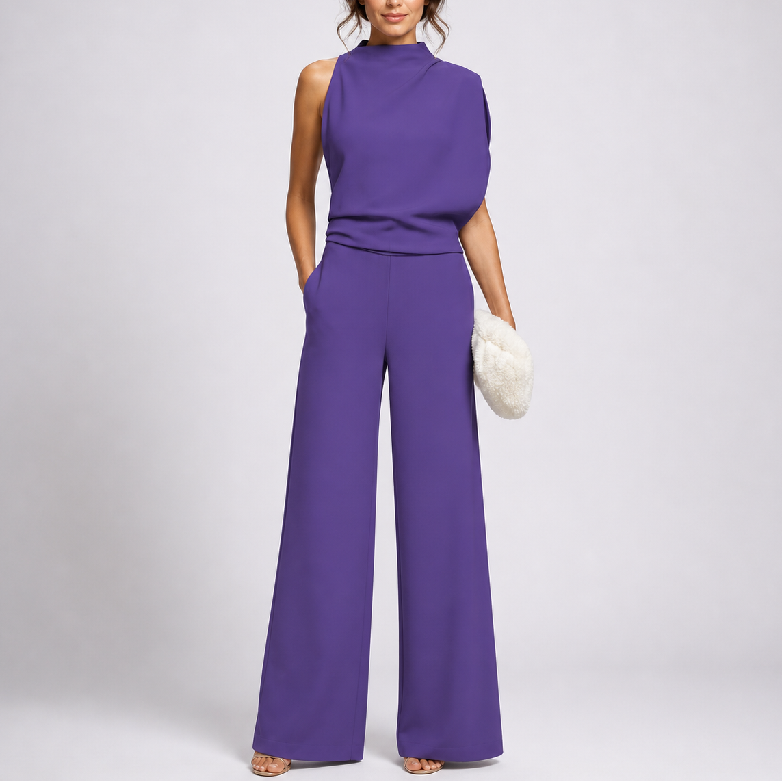 Anna sleeveless wide-leg jumpsuit in purple, full-length front view