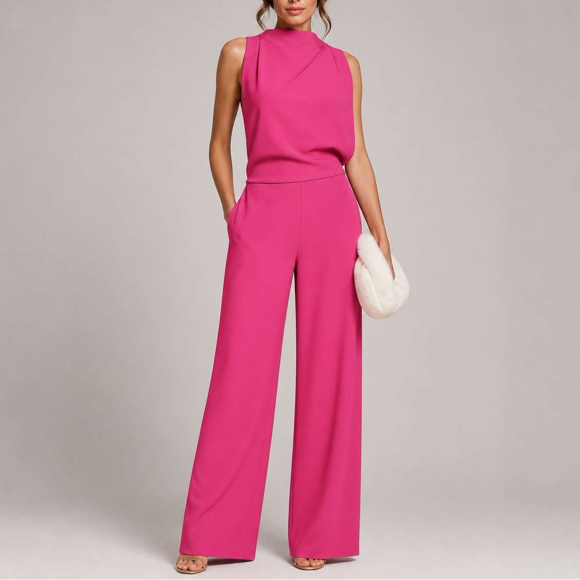 Anna sleeveless wide-leg jumpsuit in pink, full-length front view