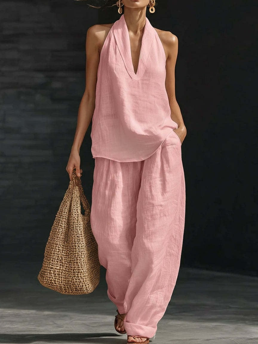 Lila sleeveless top and wide-leg trouser set in pink, front view
