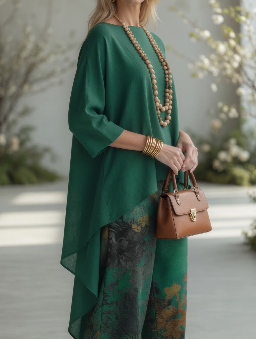 Ema vintage set in green, close-up of asymmetric tunic hem