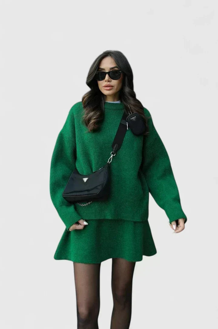 Ximaryell knitted sweater set in green, full-length front view