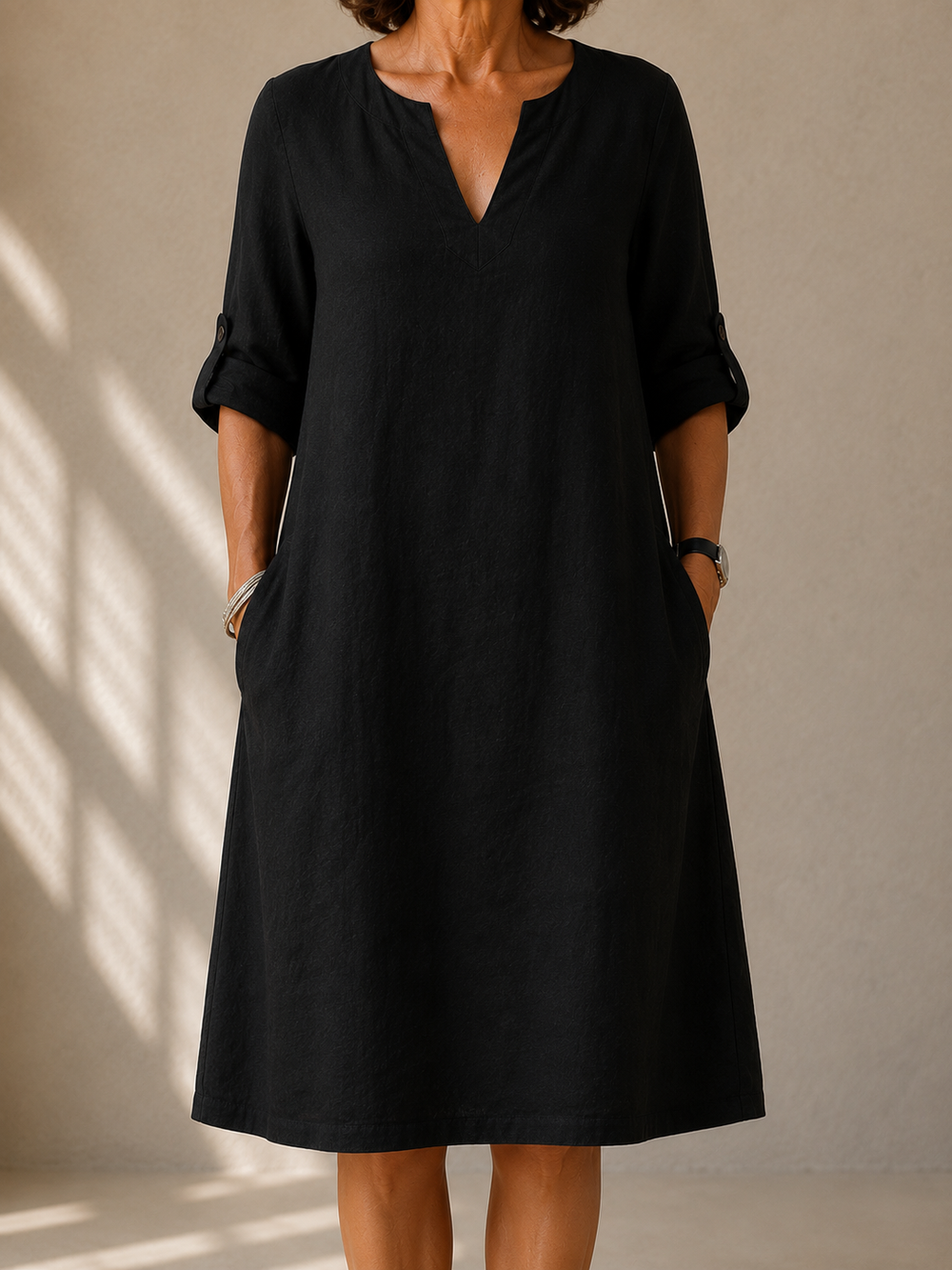 Pauline straight-cut roll-up sleeve dress in black, front view